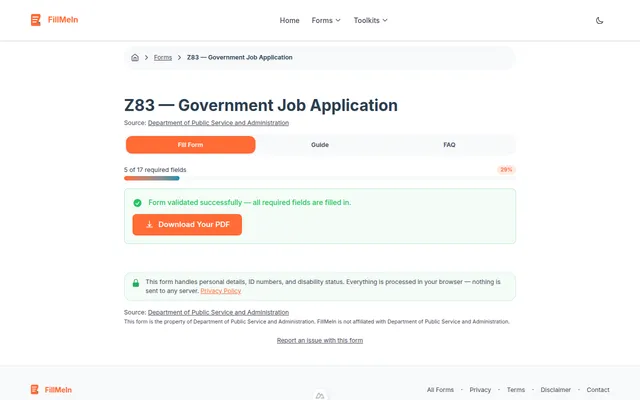 Completed form with validation success and download PDF button